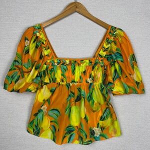 Farm Rio Blouse Womens XXS Orange Chic Pears Fruit Print Square Neck